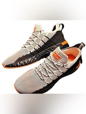French Connection Men's Knit Sneakers in Cream, Black & Orange - Size 11